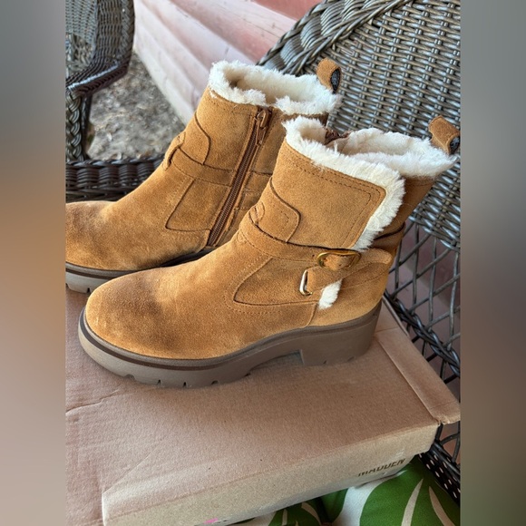 Steve Madden Colletta lug-sole buckle booties camel suede faux-fur lining Fall - Picture 12 of 15